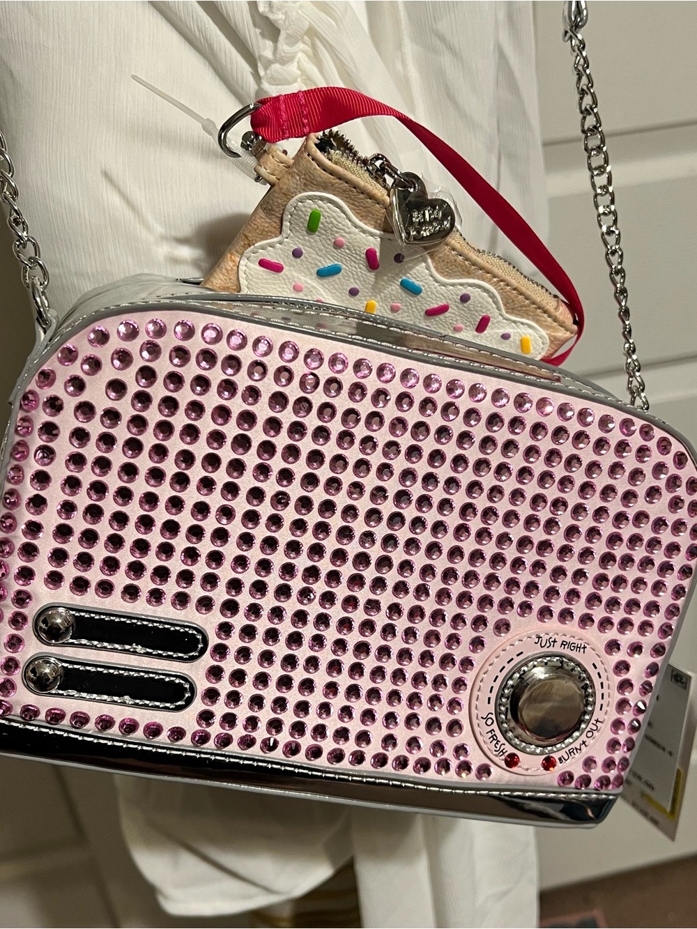 Betsey Johnson Pink Crystal Studded Get Toasted Purse with pop tart coin purse